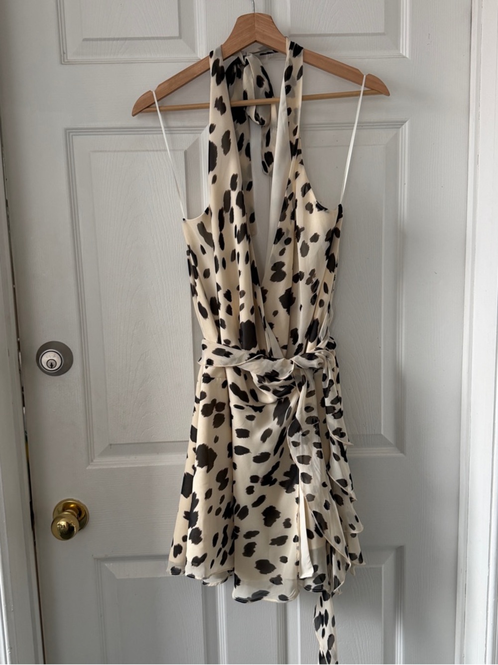 Cream and Black Spotted Halter Tie-Waist Dress